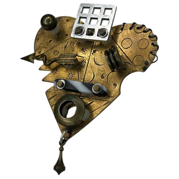 Vintage Signed Thomas Mann Techno Romantic Bronze Mixed Metal Heart Pin Brooch - Picture 2 of 10